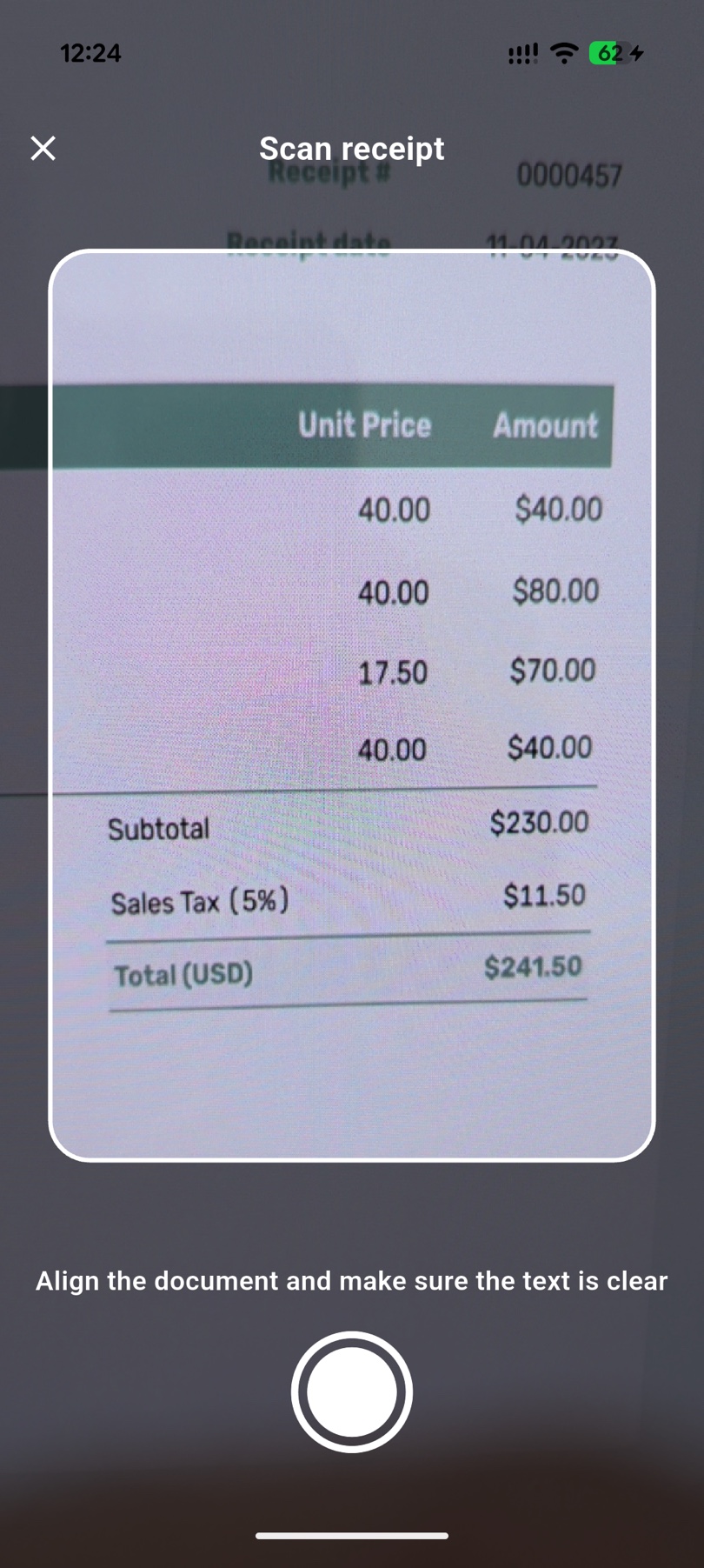 Minto receipt scanner framing a paper receipt before capture